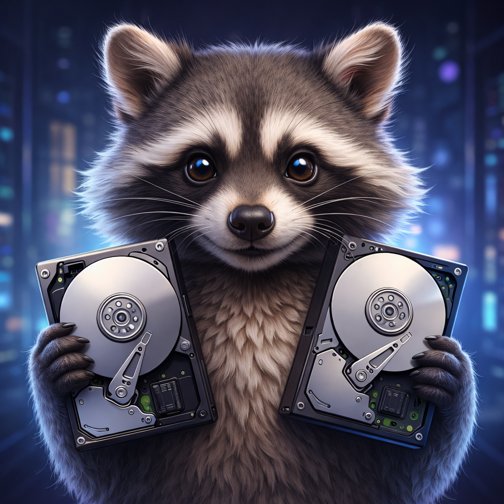Raccoon holding hard drives